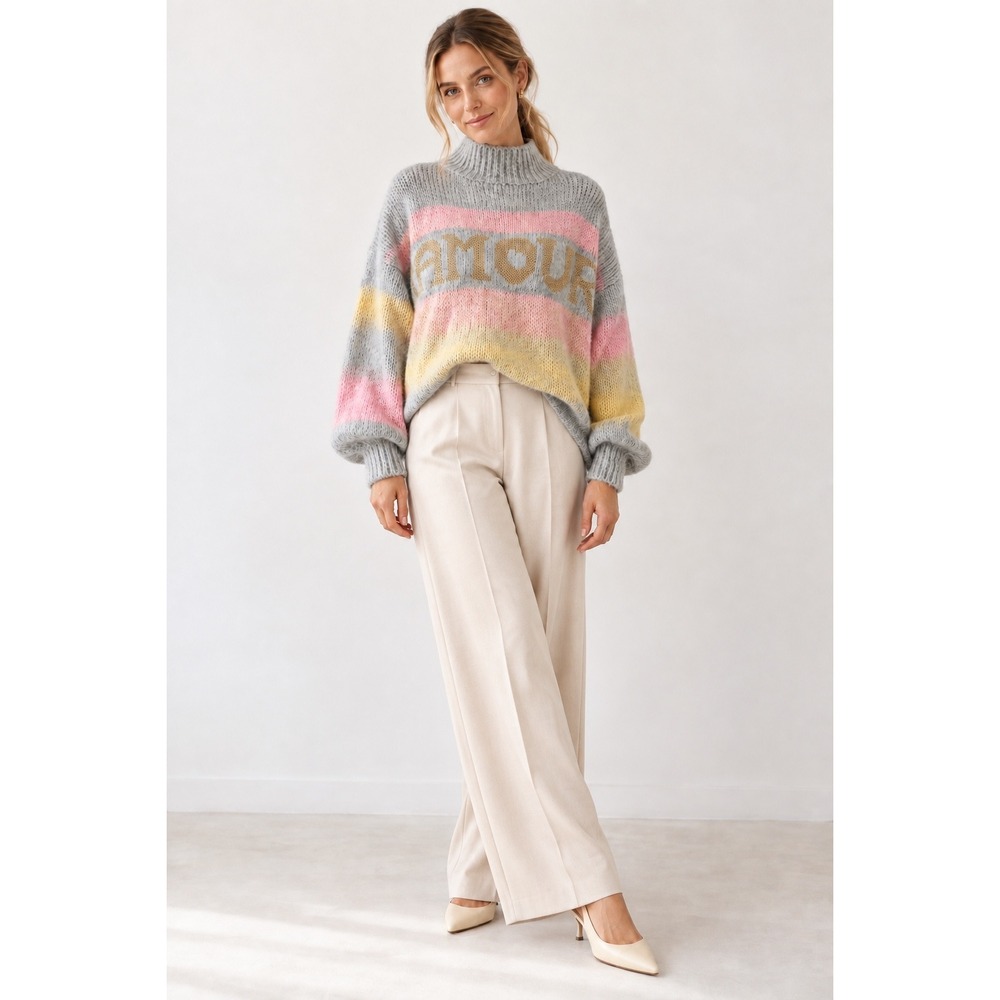 Scandal Italy Amour Sweater M Grey Pink Yellow Mohair Wool Blend Mock Neck